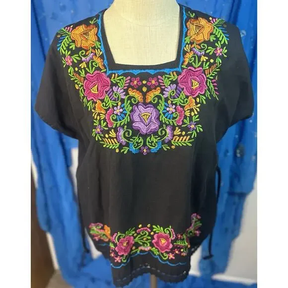 Handmade Mexican Floral Embroidered Top With Tie Back XL - Picture 1 of 7